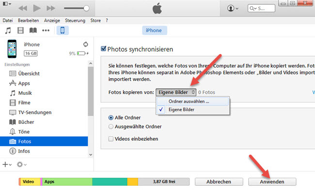 bilder vom pc auf iphone laden mit itunes